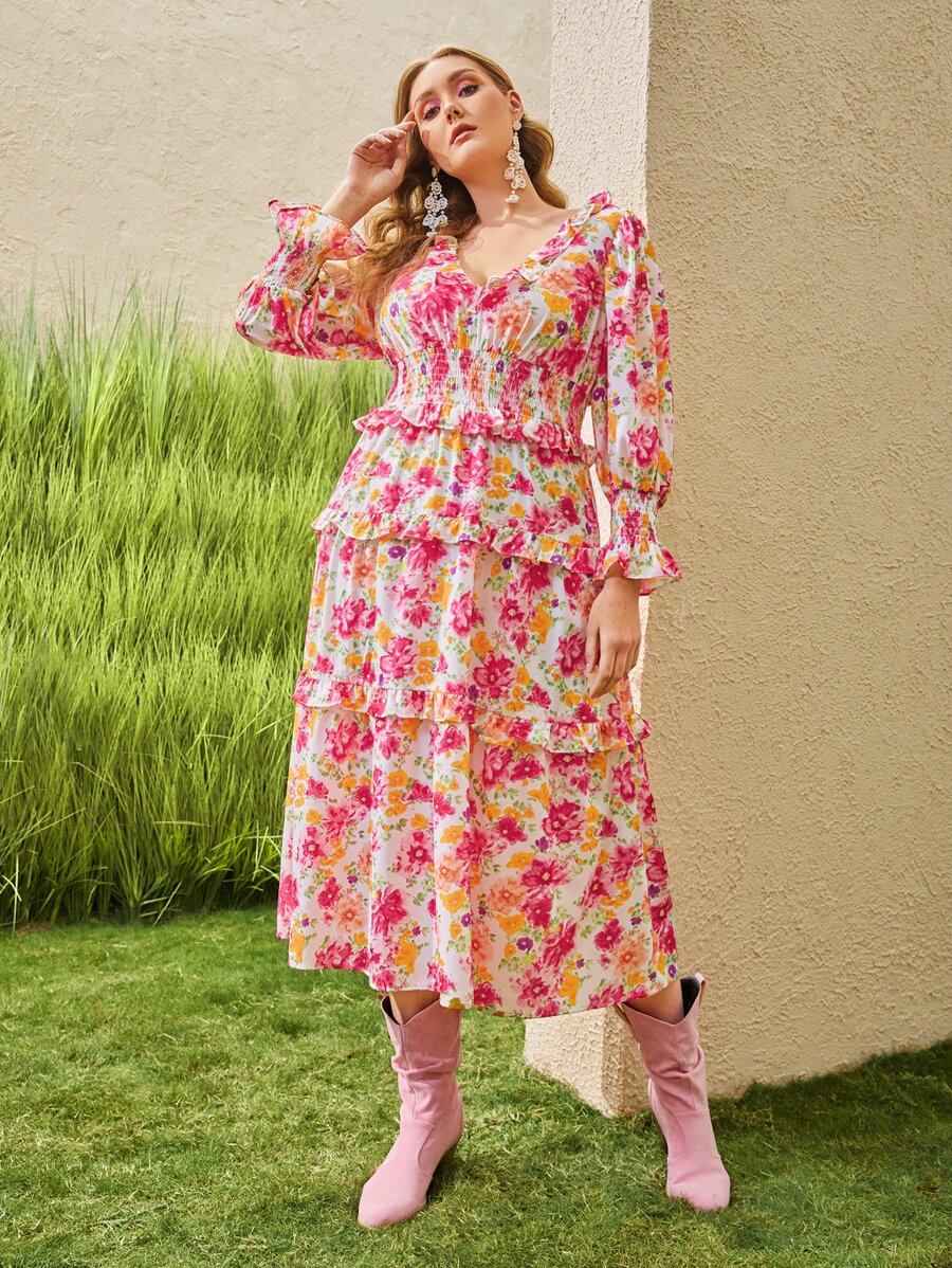 SHEIN VCAY Plus Ruffle Trim Shirred Waist Floral Print Dress - Multicolor - View 1