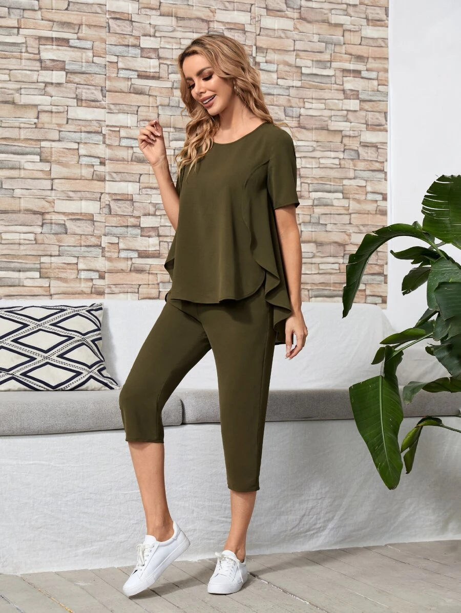 EMERY ROSE High-low Hem Solid Top & Capri Pants Set - Army Green - View 1