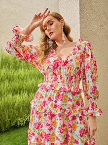 SHEIN VCAY Plus Ruffle Trim Shirred Waist Floral Print Dress - Multicolor - View 9