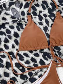 Conjunto de bikini con triángulo halter y lazos laterales, para vacaciones de verano en la playa - Óxido marrón - Ver 3