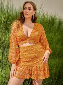 SHEIN Bộ thời trang Plus Size Viên lá sen cắt Dây kéo màu trơn Boho - Màu Mù tạt vàng - Xem 3