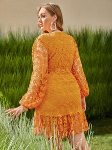 SHEIN Bộ thời trang Plus Size Viên lá sen cắt Dây kéo màu trơn Boho - Màu Mù tạt vàng - Xem 4