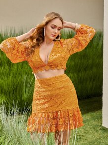 SHEIN Bộ thời trang Plus Size Viên lá sen cắt Dây kéo màu trơn Boho - Màu Mù tạt vàng - Xem 5