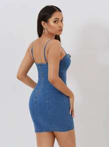 SHEIN PETITE Váy denim nữ Lộ Lưng Dây kéo Thắt nơ trước màu trơn Giải trí - Rửa trung bình - Xem 2