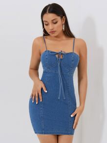 SHEIN PETITE Váy denim nữ Lộ Lưng Dây kéo Thắt nơ trước màu trơn Giải trí - Rửa trung bình - Xem 1