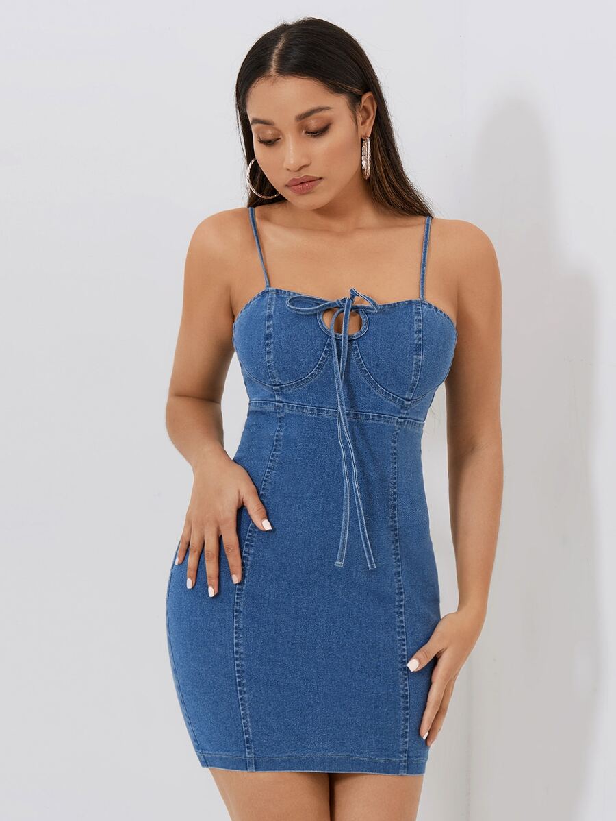 SHEIN PETITE Váy denim nữ Lộ Lưng Dây kéo Thắt nơ trước màu trơn Giải trí - Rửa trung bình - Xem 1