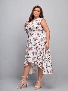 SHEIN Frenchy Plus Floral Print Contrast Guipure Lace Ruffle Trim High Low Hem Dress - White - View 4
