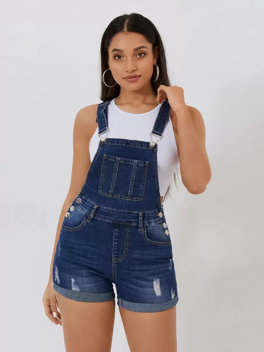 SHEIN PETITE Quần yếm & áo liền quần denim dành cho nữ Nút Túi Bị tách màu trơn Giải trí Sẵn sàng - Rửa tối - Xem 1