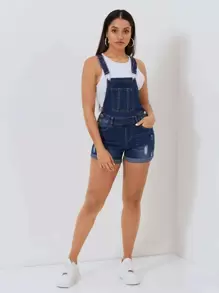 SHEIN PETITE Quần yếm & áo liền quần denim dành cho nữ Nút Túi Bị tách màu trơn Giải trí Sẵn sàng - Rửa tối - Xem 3