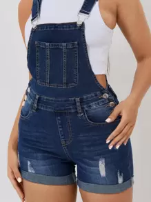 SHEIN PETITE Quần yếm & áo liền quần denim dành cho nữ Nút Túi Bị tách màu trơn Giải trí Sẵn sàng - Rửa tối - Xem 4