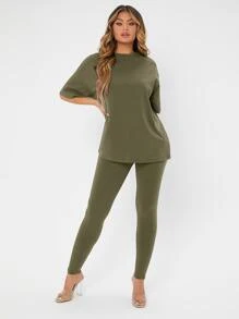 SHEIN SXY Solid Drop Shoulder Tee & Leggings - Army Green - View 1