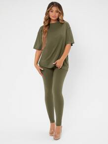 SHEIN SXY Solid Drop Shoulder Tee & Leggings - Army Green - View 3