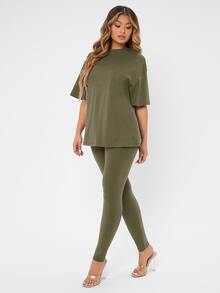 SHEIN SXY Solid Drop Shoulder Tee & Leggings - Army Green - View 5