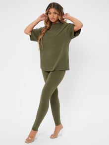 SHEIN SXY Solid Drop Shoulder Tee & Leggings - Army Green - View 6