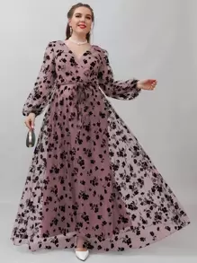 SHEIN Belle Plus Contrast Floral Mesh Belted Dress - Dusty Pink - View 1