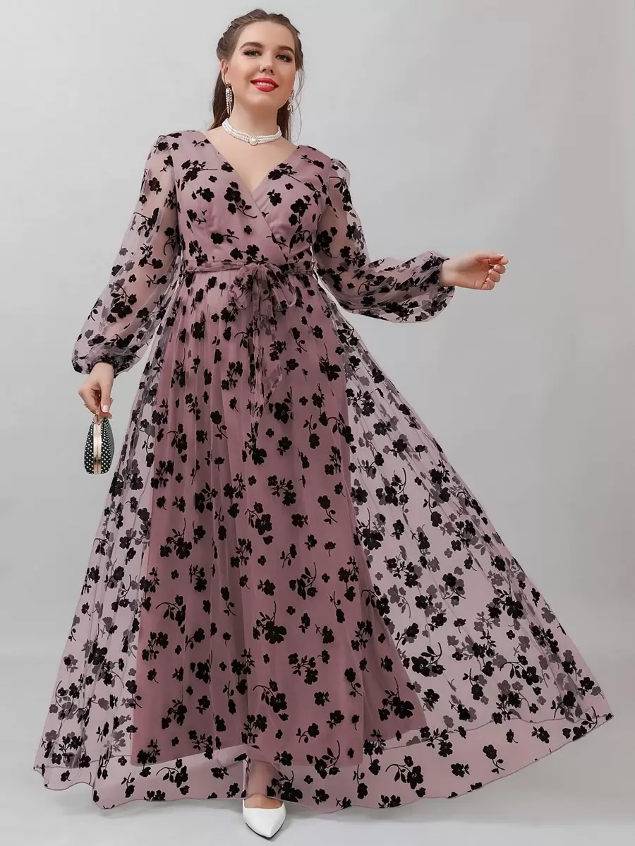 SHEIN Belle Plus Contrast Floral Mesh Belted Dress - Dusty Pink - View 1