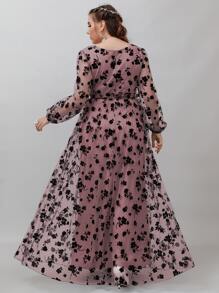 SHEIN Belle Plus Contrast Floral Mesh Belted Dress - Dusty Pink - View 2