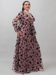 SHEIN Belle Plus Contrast Floral Mesh Belted Dress - Dusty Pink - View 3