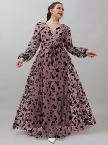 SHEIN Belle Plus Contrast Floral Mesh Belted Dress - Dusty Pink - View 6