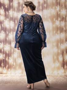 SHEIN Belle Brautjungfernkleid aus Samt mit kontrastierenden, mit Pailletten bestickten Mesh Volantärmeln und überlappendem Kragen