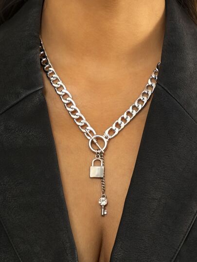 Rhinestone Decor Key & Lock Charm Chain Necklace