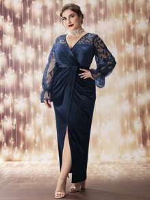 SHEIN Belle Brautjungfernkleid aus Samt mit kontrastierenden, mit Pailletten bestickten Mesh Volantärmeln und überlappendem Kragen