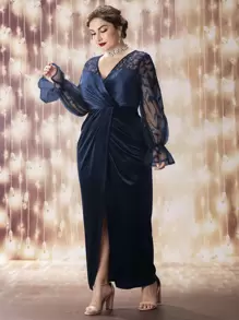 SHEIN Belle Brautjungfernkleid aus Samt mit kontrastierenden, mit Pailletten bestickten Mesh Volantärmeln und überlappendem Kragen