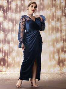 SHEIN Belle Brautjungfernkleid aus Samt mit kontrastierenden, mit Pailletten bestickten Mesh Volantärmeln und überlappendem Kragen