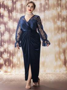 SHEIN Belle Brautjungfernkleid aus Samt mit kontrastierenden, mit Pailletten bestickten Mesh Volantärmeln und überlappendem Kragen