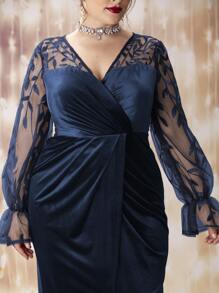 SHEIN Belle Brautjungfernkleid aus Samt mit kontrastierenden, mit Pailletten bestickten Mesh Volantärmeln und überlappendem Kragen