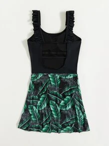 2packs Solid One Piece Swimsuit With Plant Print Beach Skirt Summer - Green - View 3