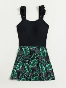 2packs Solid One Piece Swimsuit With Plant Print Beach Skirt Summer - Green - View 5