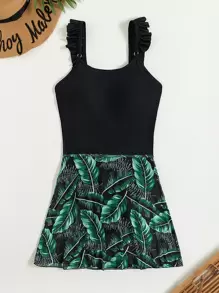 2packs Solid One Piece Swimsuit With Plant Print Beach Skirt Summer - Green - View 6