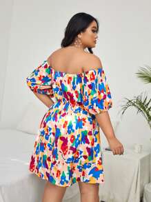 Plus Floral Print Off Shoulder Lantern Sleeve Dress - Multicolor - View 2
