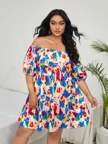 Plus Floral Print Off Shoulder Lantern Sleeve Dress - Multicolor - View 3