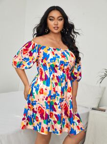 Plus Floral Print Off Shoulder Lantern Sleeve Dress - Multicolor - View 5