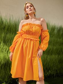 SHEIN VCAY Vestido de hombros descubiertos ribete fruncido - Amarillo - Ver 1