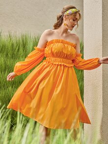 SHEIN VCAY Vestido de hombros descubiertos ribete fruncido - Amarillo - Ver 2