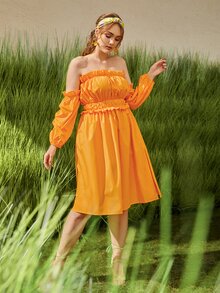 SHEIN VCAY Vestido de hombros descubiertos ribete fruncido - Amarillo - Ver 3