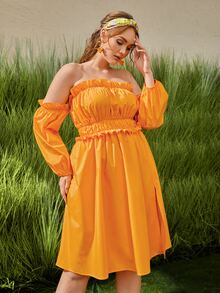 SHEIN VCAY Vestido de hombros descubiertos ribete fruncido - Amarillo - Ver 5