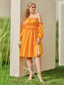 SHEIN VCAY Vestido de hombros descubiertos ribete fruncido - Amarillo - Ver 8