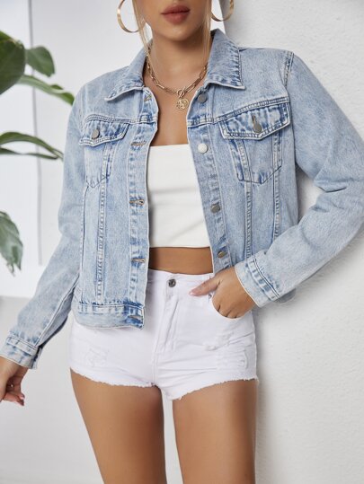 Cazadora mezclilla con botón delantero con bolsillo con solapa