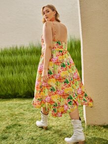 SHEIN VCAY Plus Knot Strap Ruched Front Patchwork Print Cami Dress - Multicolor - View 2