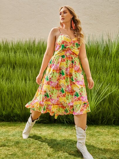 مقاس كبير فستان كامي حزام معقود مجمع امامي طباعة مختلط