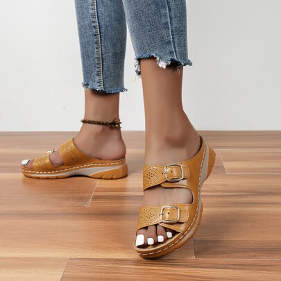 Buckle Decor Wedge Slide Sandals