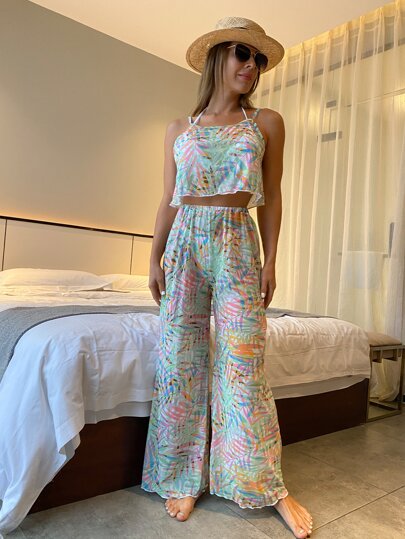 Plant Print Semi Sheer Mesh Cover Up Set