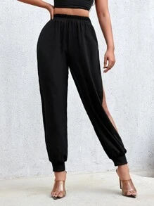 SHEIN SXY High Waist Mesh Insert Trousers - Black - View 4