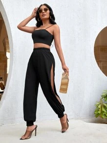 SHEIN SXY High Waist Mesh Insert Trousers - Black - View 5