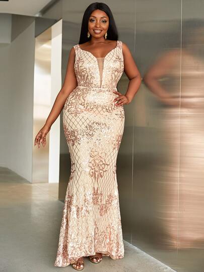 seomiscky Plus Contrast Mesh Mermaid Hem Sequins Dress