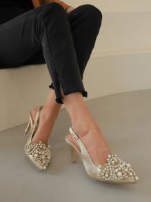 人造珍珠裝飾露跟高跟鞋 - 金色 - 查看 4